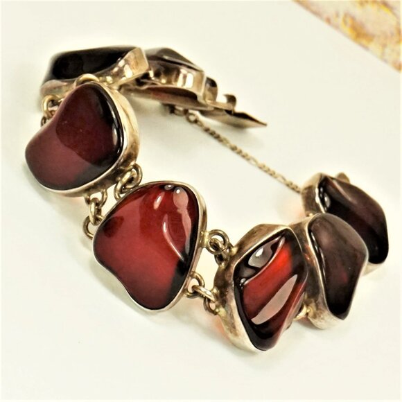 Rare To Find Cherry Amber Link BRACELET in 925 Silver, Heavy Jewelry, OOAK Gift - Picture 8 of 16